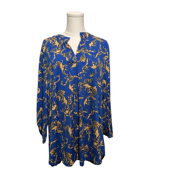 Dear Scarlett Women’s Blouse XL NWT Blue/Gold Print Long Sleeve Roll-Tab Button - Picture 2 of 2